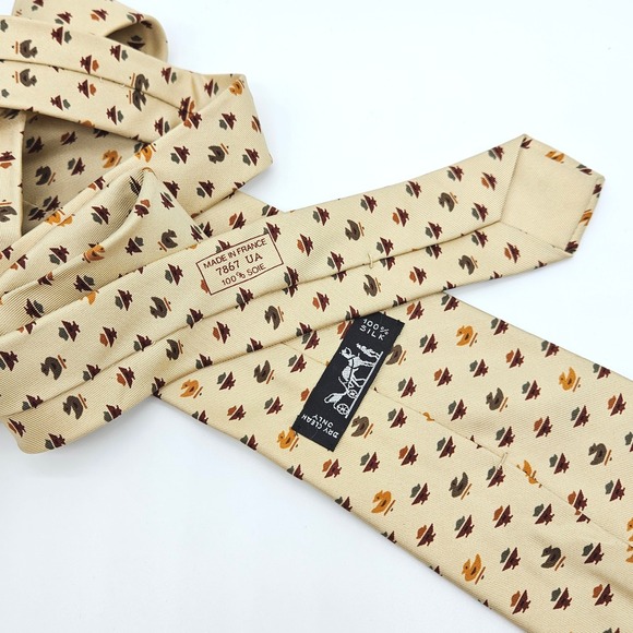 Hermes Silk Tie Tan Duck Bird Animal Print Geometric 7867 UA Made in France - Picture 3 of 6